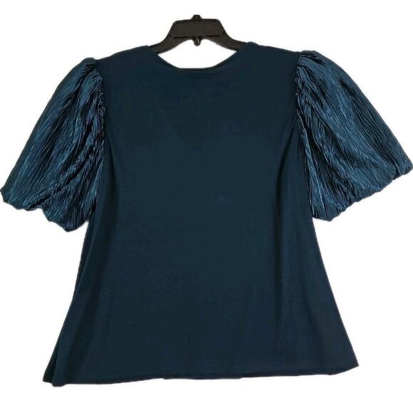 DR2~Woman Sz XL~ Dark Green Pleated Puff Satin Sleeve V-Neck Knit Top Blouse NWT - Picture 9 of 12